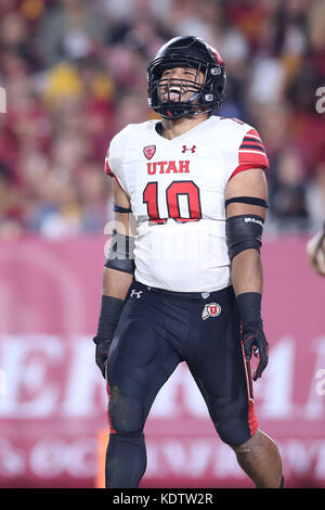 Los Angeles, CA, USA. 14th Oct, 2017. October 14, 2017: Utah Utes linebacker Sunia Tauteoli (10) smiles happily after hitting the quarterback as he was releasing for a throw in the game between the Utah Utes and the USC Trojans, The Los Angeles Memorial Coliseum in Los Angeles, CA. Peter Joneleit/ Zuma Wire Service Credit: Peter Joneleit/ZUMA Wire/Alamy Live News Stock Photo