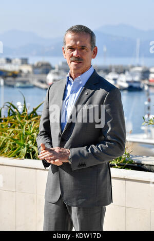 Cannes. 16th Oct, 2017. Canadian astronaut Chris Hadfield poses for photos during the 2017 MIPCOM (International Market of Communications Programmes) in Cannes, France on Oct. 16, 2017. The four-day 2017 MIPCOM kicked off on Monday. Credit: Chen Yichen/Xinhua/Alamy Live News Stock Photo