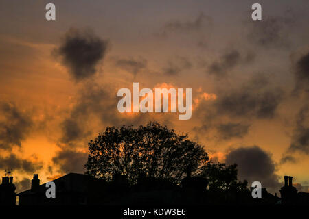 London, UK. 16th Oct, 2017. The sky turns an orange red over Wimbledon brought about by hurricane Ophelia which is is pulling air and dust up from southern Europe and the African Sahara creating an apocalypic effect Credit: amer ghazzal/Alamy Live News Stock Photo