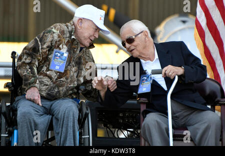 Oct 13,2017. Edwards AFB, CA. (L-R) (Ret)  Major General Chuck Yeager and Brig. Gen. (Ret) Bob Cardenas, who launch Chuck Yeager from a B-29 in the Bell X-1 have a few laughs during the Edwards AFB 70th anniversary of the first supersonic flight on Oct. 14, 1947. The event had many aircraft on display and was for air force people and guest only taking place on Friday and Saturday.. Photo by Gene Blevins/LA DailyNews/SCNG/ZumaPress. (Credit Image: © Gene Blevins via ZUMA Wire) Stock Photo