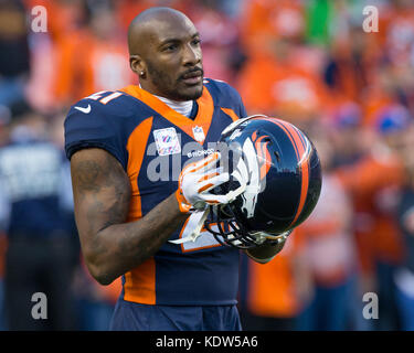 October 15, 2017: Denver Broncos cornerback Aqib Talib (21) during pre-game warm up of an NFL week 6 matchup between the New York Giants and the Denver Broncos at Sports Authority Field at Mile High Stadium Denver CO, Scott D Stivason/Cal Sport Media Stock Photo