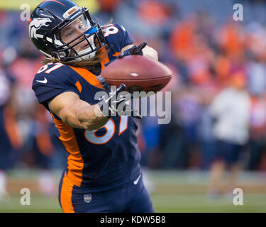 Denver Broncos wide receiver Jordan Taylor (87) dives after the