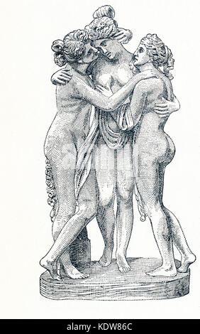 This illustration dates to 1898 and shows the Three Graces statue by the 19th-century Italian sculptor Antonio Canova in the Vatican Museum. The ancient Greeks and Romans honored them as the goddesses of charm, beauty, and creativity. The Greeks called them the Charites; the Romans called the the Gratiae. Stock Photo