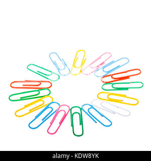 multicolored paper clips on white background Stock Photo