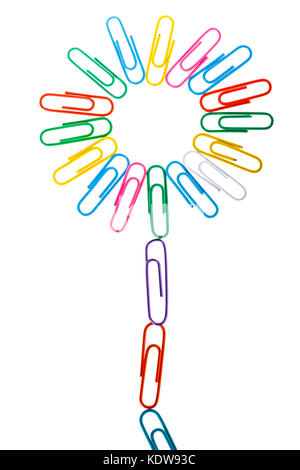 multicolored paper clips on white background Stock Photo
