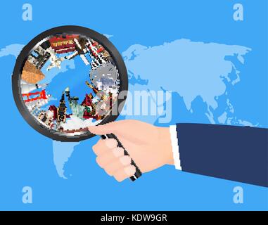 travel landmark in magnifying glass on world map Stock Vector