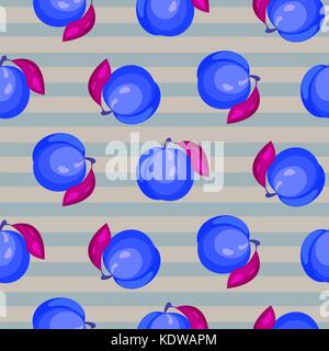 Blue purple plum fruit seamless vector pattern. Stock Vector