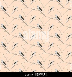 Birds on branches light pink cute pattern seamless vector. Stock Vector