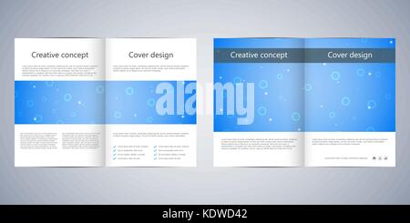Bi-fold business brochure template with abstract background. Geometric graphics and connected lines with dots. Medical, technological and scientific concept. Vector illustration. Stock Vector