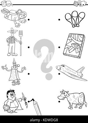 Black and White Cartoon Illustration of Educational Pictures Matching Game for Children with Professional People Characters and Objects Coloring Book Stock Vector