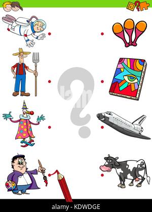 Cartoon Illustration of Educational Pictures Matching Game for Children with Professional People Characters and Objects Stock Vector
