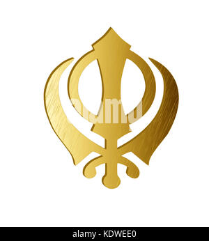The main symbol of Sikhism – sign Khanda made of gold metal, white background, isolated, illustration Stock Photo