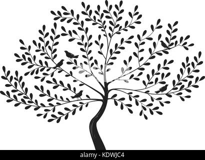 Decorative tree with birds on branches. Silhouette vector illustration Stock Vector