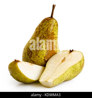 Single abate fetel pear next to a half and a slice of pear isolated on white. Stock Photo