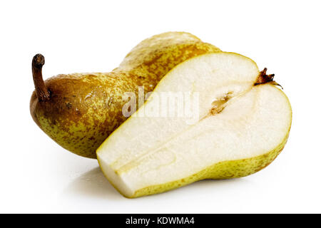 Single abate fetel pear next to a half of pear isolated on white. Stock Photo