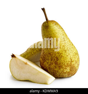 Single abate fetel pear next to a half and a slice of pear isolated on white. Stock Photo