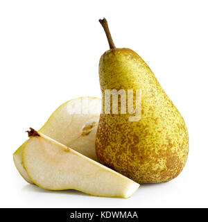 Single abate fetel pear next to a half and a slice of pear isolated on white. Stock Photo