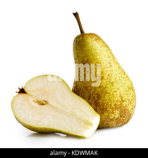 Single abate fetel pear next to a half of pear isolated on white. Stock Photo