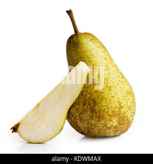 Single abate fetel pear next to a slice of pear isolated on white. Stock Photo