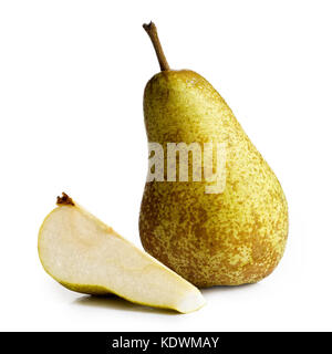 Single abate fetel pear next to a slice of pear isolated on white. Stock Photo