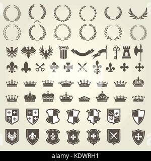 Heraldry kit of knight blazons and coat of arms elements - medieval heraldic emblems Stock Vector