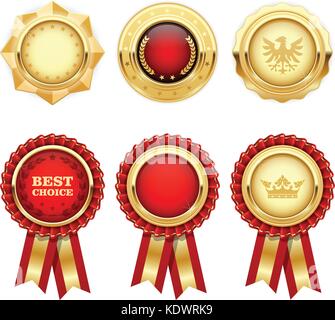 Red award rosettes and gold heraldic medals and insignia Stock Vector