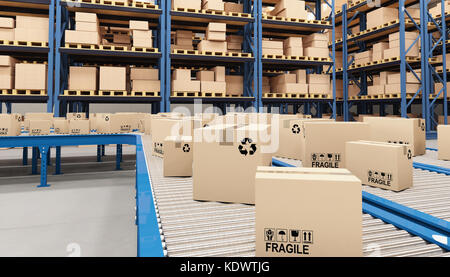 classic conveyor and boxes in warehouse 3d rendering image Stock Photo