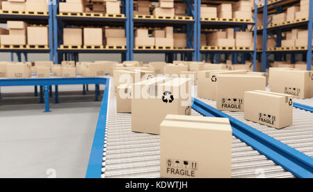 classic conveyor and boxes in warehouse 3d rendering image Stock Photo