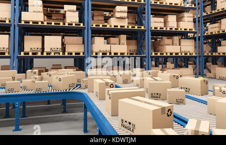 classic conveyor and boxes in warehouse 3d rendering image Stock Photo