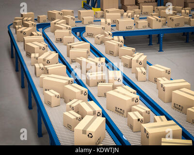 classic conveyor and boxes in warehouse 3d rendering image Stock Photo