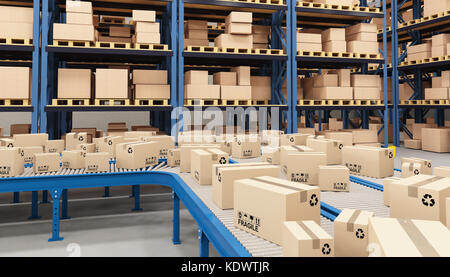 classic conveyor and boxes in warehouse 3d rendering image Stock Photo