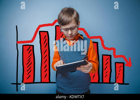 Teen boy with glasses working on a tablet retro businessman char Stock Photo