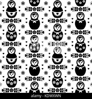 Russian doll vector seamless pattern -  Matryoshka, folk art design in black and white Stock Vector