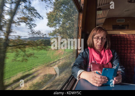 Woman looking at mobile phone onboard a train. Stock Photo