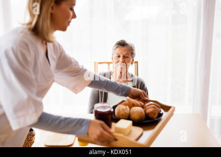 Health visitor and a senior woman during home visit. A nurse bringing food to an elderly woman sitting at the table. Stock Photo