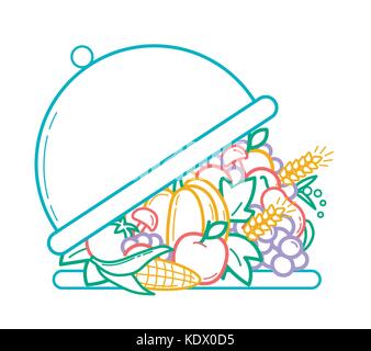 concept of nutrition, health, abundance, menu, vegetarianism as a opening tray and a variety of fruits and vegetables. Icon  in the linear style Stock Vector