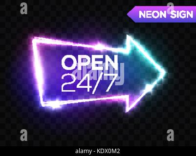 Open 24 7 Hours. Night Club Neon Sign. 3d Retro Light Bar Arrow Pointer. Neon Effect. Techno Frame On Transparent Background. Electric Street Banner Design. Colorful Vector Illustration in 80s Style. Stock Vector