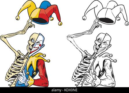 Vector cartoon clip art illustration of a scary half skeleton half joker or jester or harlequin tipping his hat with bells and holding a mask on a sti Stock Vector