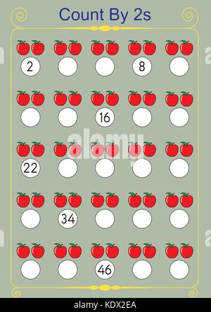 counting by 2's, write the missing numbers, skip counting worksheet Stock Vector