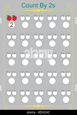 counting by 2's, write the missing numbers, skip counting worksheet Stock Vector