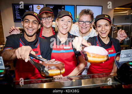 Bolton Interchange opens with a new Greggs shop inside   Pictured manager Jen Eckersley with her team JRW Group rebrand to Ripe. Stock Photo