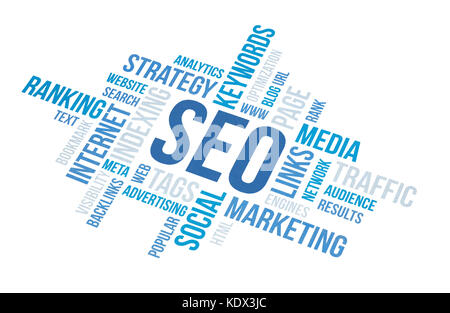 Seo business, search engine optimization, concept cloud chart. Print document, blue toned. Stock Photo