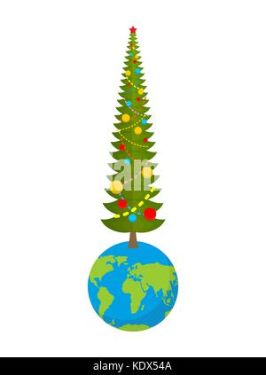 Christmas on Earth. New year on planet. big Christmas tree. huge spruce. Large fir. Xmas Vector Illustration Stock Vector
