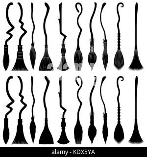 Set of different witch brooms isolated on white Stock Photo