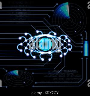 Brilliant HUD eye on a black background with light guides. Neon grid. Printed circuit board. Radar, battery. illustration Stock Vector