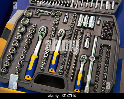 Socket wrenches in plastic box closeup Stock Photo