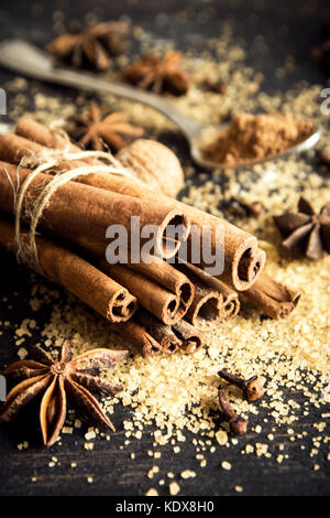 Christmas spices and baking ingredients. Cinnamon sticks, anise stars, nutmeg, cardamom, cloves, brown sugar and cocoa powder for Christmas cake, cook Stock Photo