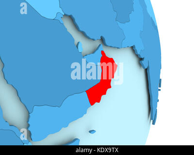 Oman in red on simple blue political globe with visible country borders. 3D illustration. Stock Photo