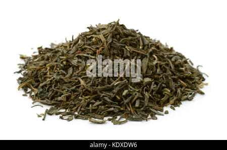 Pile of dry green tea leaves isolated on white Stock Photo