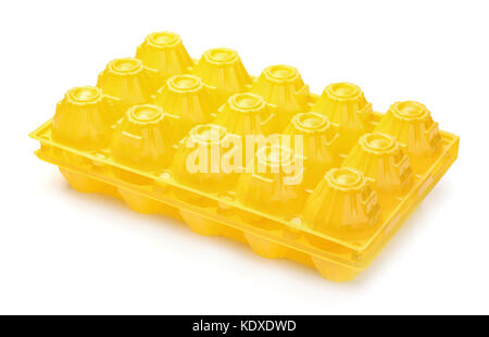 Yellow plastic eggs box isolated on white Stock Photo